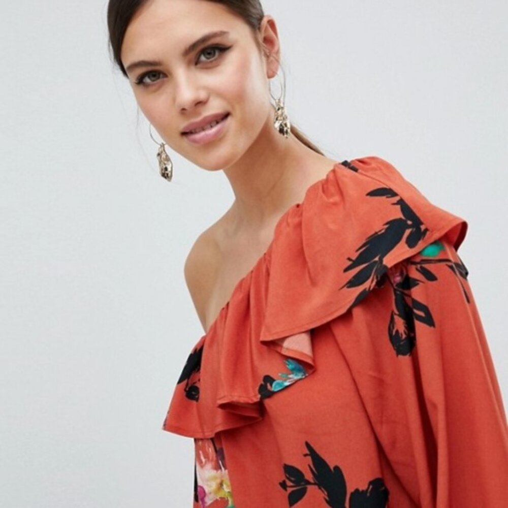 French Connection Delphine Dress One Shoulder Copper Coin Burnt Orange Sz 8 NWT - Picture 3 of 11